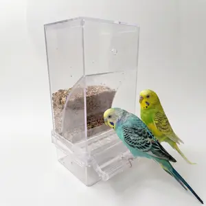 No-Mess Cage Bird Feeder, Automatic Clear Acrylic Seed Dispenser with Bottom Tray, Spill-Proof Parrot Food Container for Small Birds (Parakeets, Cockatiels)