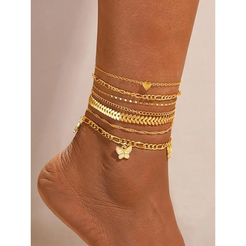 Dainty Anklet Set for Women, 7-Piece Zinc Alloy Butterfly & Heart Jewelry, Trendy Mix & Match Body Jewelry for Holiday & Gifting, Valentine’s Day, Women & Girls, Chains, Pendants, Beach, Distinctive Designs