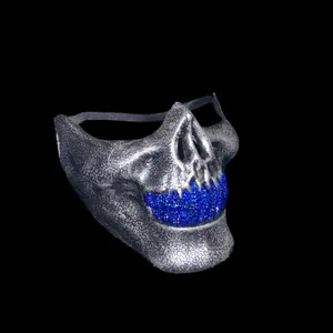 Vintage Silver Half Skull Mask With Blinged Out Sapphire Blue Luxe Crystal Grillz