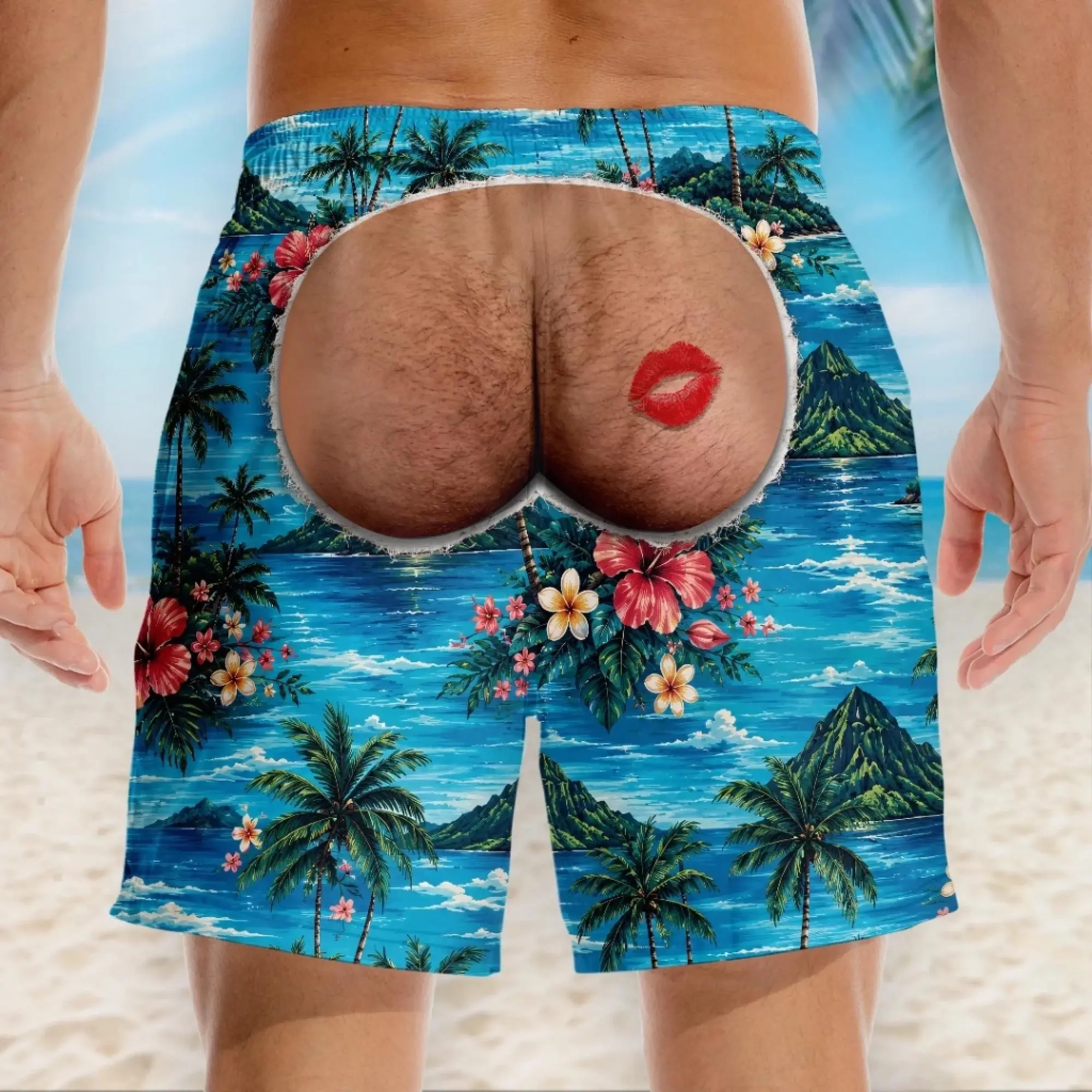 Custom Funny Kiss Mark Butt Swim Trunks, Personalized Hairy Fake Butt Hawaiian Shorts, Red Lipstick Kiss Gag Gift for Husband, Beach Shorts