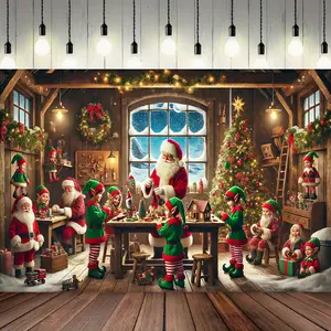 1pc Christmas Party decoration, made of polyester material, with background pictures of Santa Claus and Christmas elves, suitable for indoor and outdoor decoration, Christmas party decoration, and photography background decoration