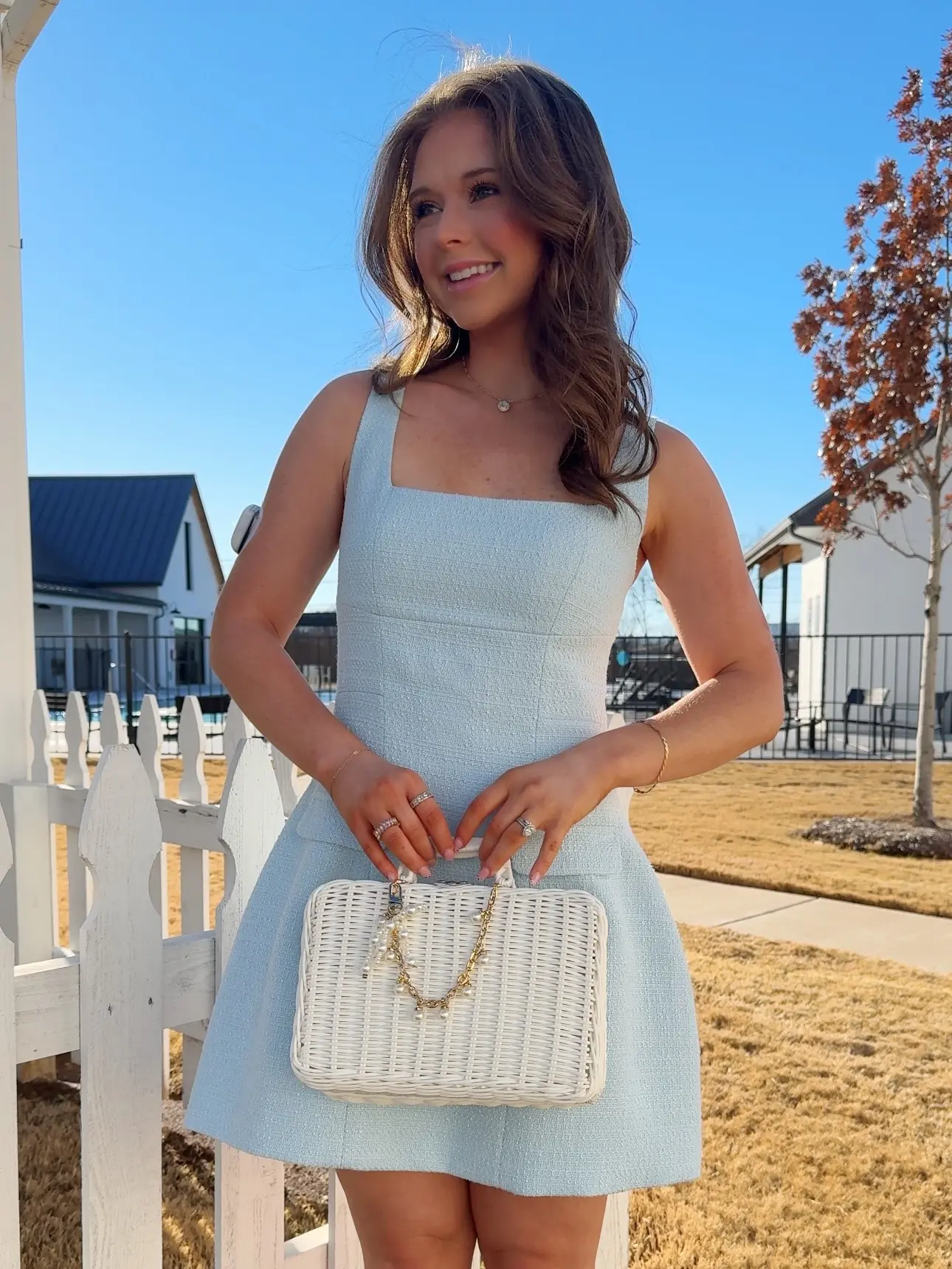Powder Blue Perfection Dress Casual Chic Tweed Textured A-line Mini Dress with Faux Pockets for Summer Events