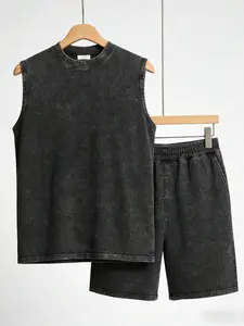 2-piece retro washed grey vest and shorts set - unisex retro oversized two-piece streetwear, comfortable daily style