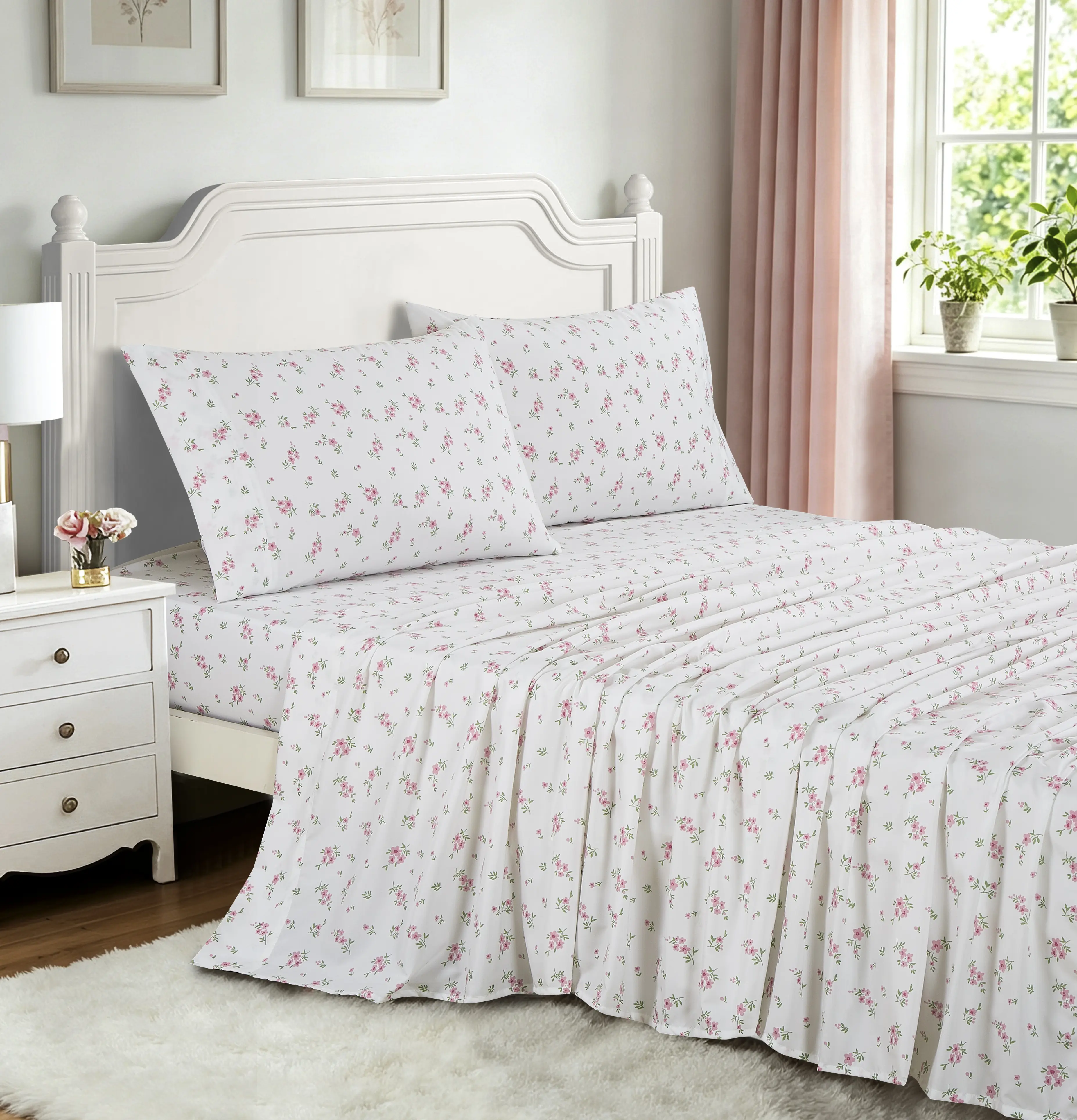 Floral Prints Microfiber Sheet Set - Bedroom Multi-Size Bedding Set, 100% Microfiber Polyester, Deep Pocket Fit, Fading Resistant, Elastic Fitted Sheet, Soft Lightweight, Easy Machine Washable, Contemporary Look, Year-Round Use