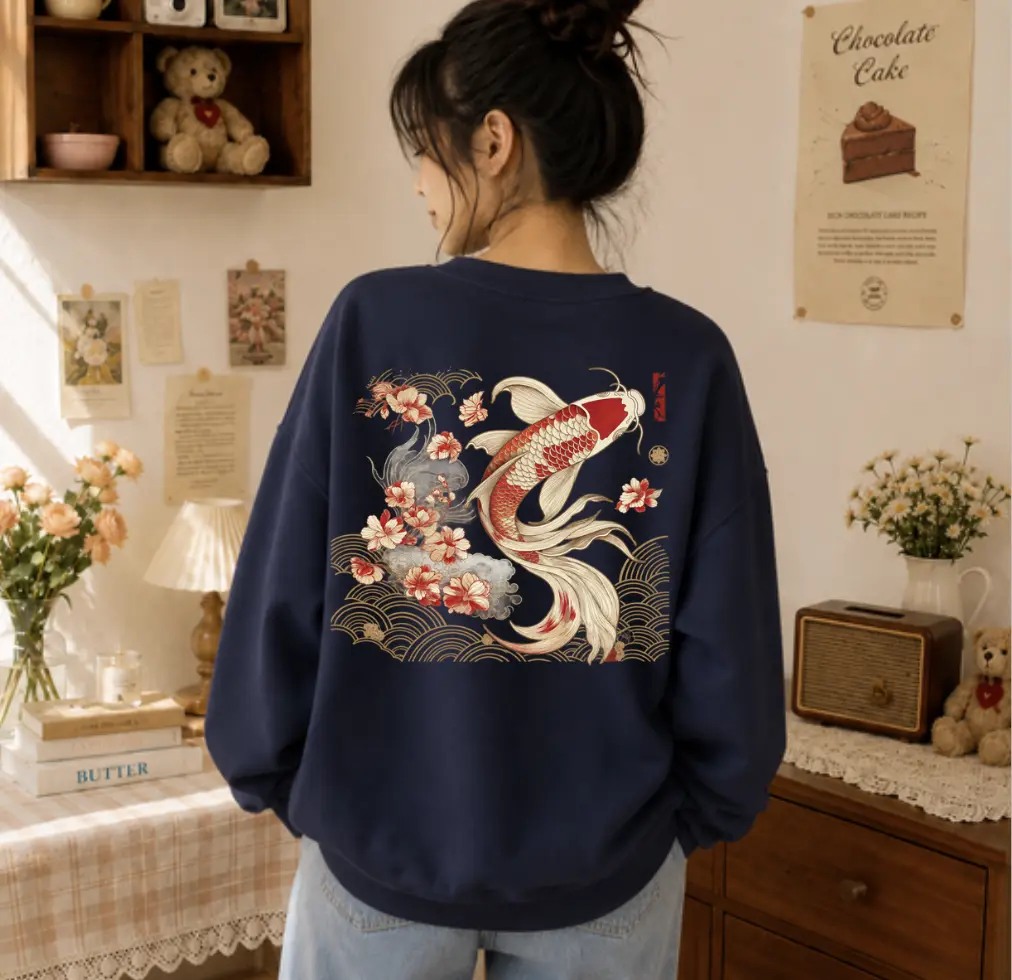 Vintage Japanese Koi Fish Hoodie, Retro Asian Art Crewneck, Japanese Koi Pond Graphic Hooded Sweatshirt, Nautical Animal Pullover, Tokyo Style Unisex Sweater, Cozy Japan Inspired Gift