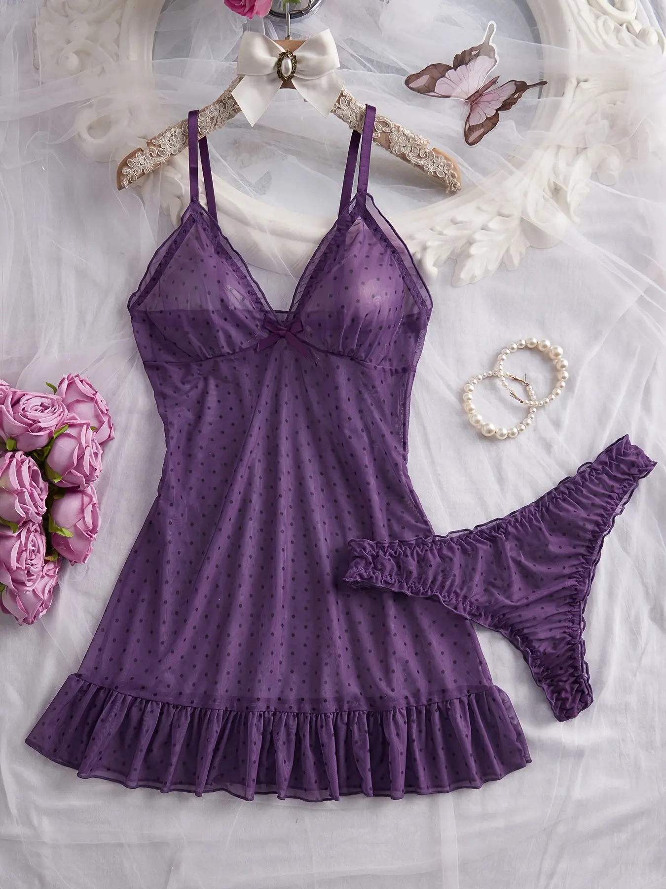 Plus-size purple spaghetti-strap dress, 2-piece women’s lingerie set, lightweight nightgown, comfortable and breathable, perfect for vacations and lounging at home, matching outfits for best friends, holiday gifts, fashion apparel