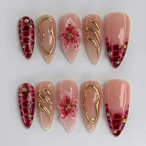 NEW 10Pcs Handmade Acrylic Press On Nails, Cherry Petal Nails, REUSABLE 3D Floral Gel Nail Art, Romantic Blush Spring Fantasy, Artist Faux Nails