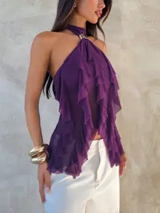 Elegant Women's Summer Knit Halter Top, Mesh Backless Vest, Ruffle Hem Tank, High Stretch Multi-Layered Ruffle Design, Casual Fashion Wear
