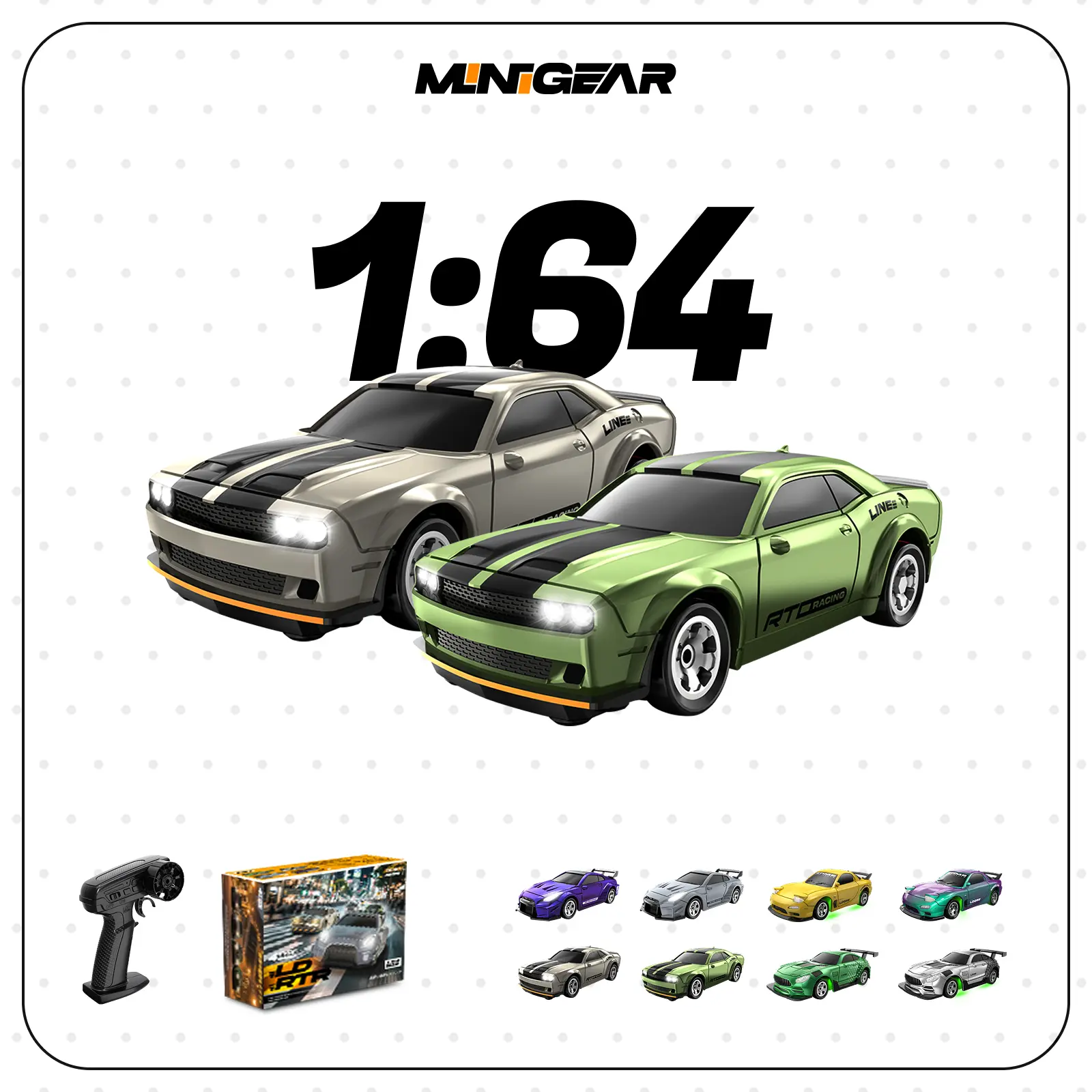 MiniGear 1/64 RC Drift Car – Nissan GTR R35 & Dodge Hellcat, Mini Drift Car with Detachable Body, LED Lights, Dual Speed, USB Rechargeable – Perfect Valentine’s Day & Easter Gift for Kids, Teens & Collectors