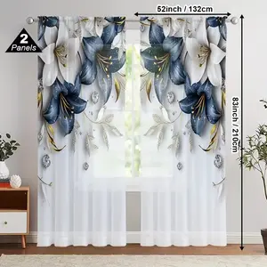 2pcs High-Definition Digital Print Floral Curtains, Polyester Material, Semi-Transparent Privacy Protection, Washable, Bedroom and Living Room Decor, Window Curtain