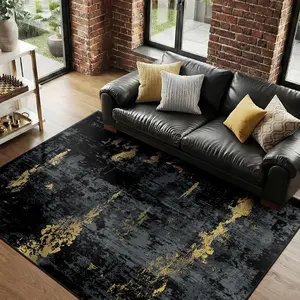 Modern Black & Gold Abstract Area Rug for Living Room Decor 5'x7'