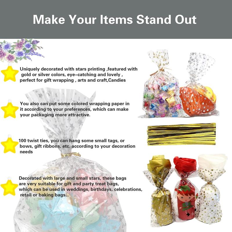 100 Pcs Star Printed 5"X 7" Gift Wrap Cello Cellophane Treat Bags Party Favor bags Clear Candy Cookie Bag Plastic Poly Goodie Storage Bag with Twist Ties for Bakery,Birthday, Wedding ,Party Decorations (Gold)