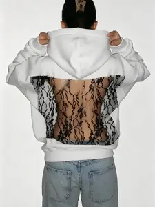 Women's Y2K Floral Embroidery Sheer Back Hoodie, Trendy Fashion Black See-Through Sweatshirt with Monaco Yacht Club Flag, Streetwear Aesthetic Casual Sports Outerwear (Pair with Lace Tank Top or Jeans) Fit Loose