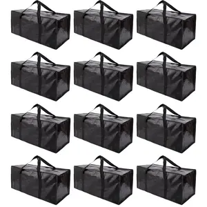 Large Moving Bags with Zippers & Handles, Tote for Saving Moving, Fold Flat, Alternative to Box and Bin - 12 Pack, Black