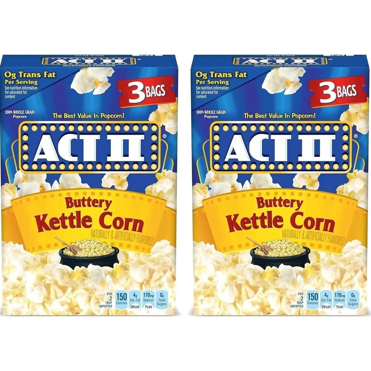 ACT II, Microwave Popcorn, Buttery Kettle Corn, 2.75-oz. Bags, 3 Ct (Pack of 2)
