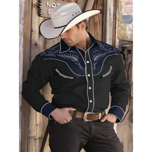 Men's Vintage Western Cowboy Shirt - Beige Cotton Blend, Embroidered Design, Long Sleeve, Retro Style for Casual or Formal Wear