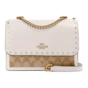 COACH Klare 21 Crossbody Bag for Women – Two-Tone White and Light Khaki Coated Canvas with Leather and Stud Detail