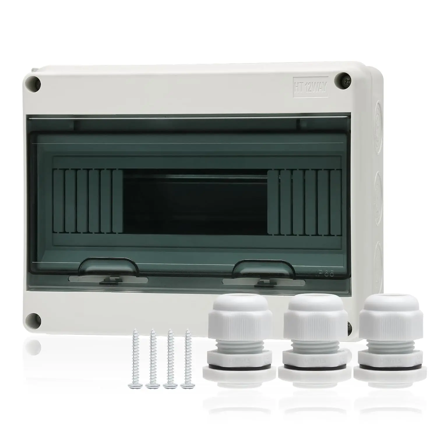 12 Way Distribution Protection Box,ABS/PC Alloy Plastic Transparent Cover Circuit Breaker Box IP66 Waterproof Distribution Box with DIN Rail and Waterproof Connector