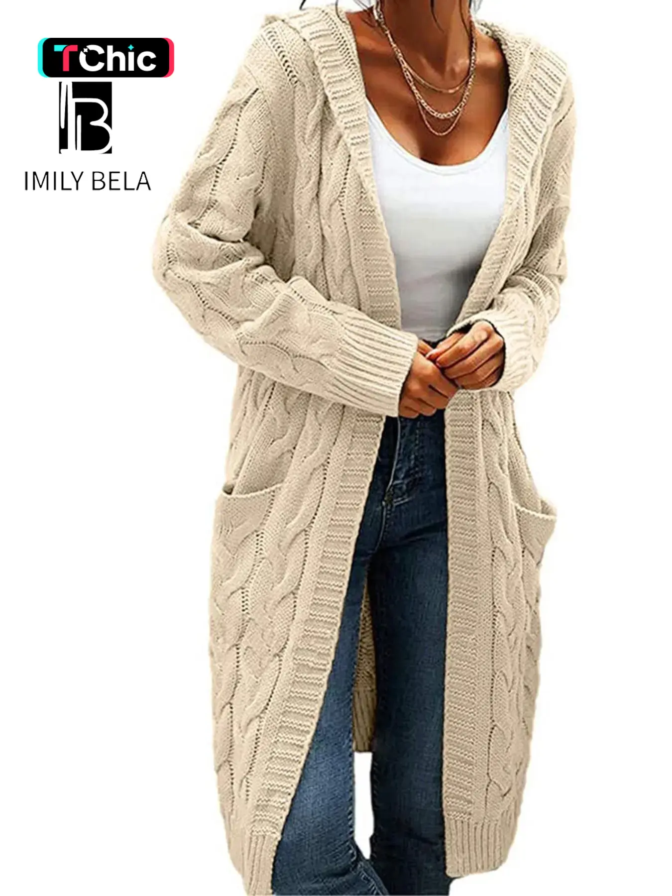 Women's Pocket Drop Shoulder Cardigan, Hooded Long Sleeve Warm Top, Casual Textured Knit Open Front Cable Outwear, Sweaters for Women