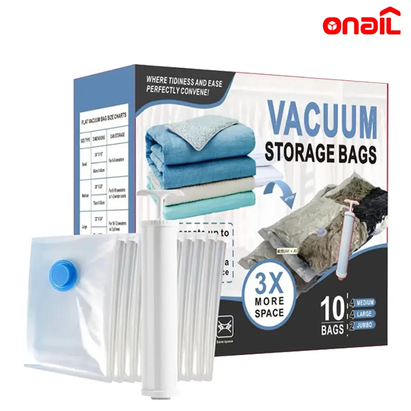 ONAIL 10 Pack Vacuum Storage Bags, Space Saver Bags (2 Jumbo/4 Large/4 Medium)Clothes Storage Organiser, Hand Pump Included,Organiser Space Saving