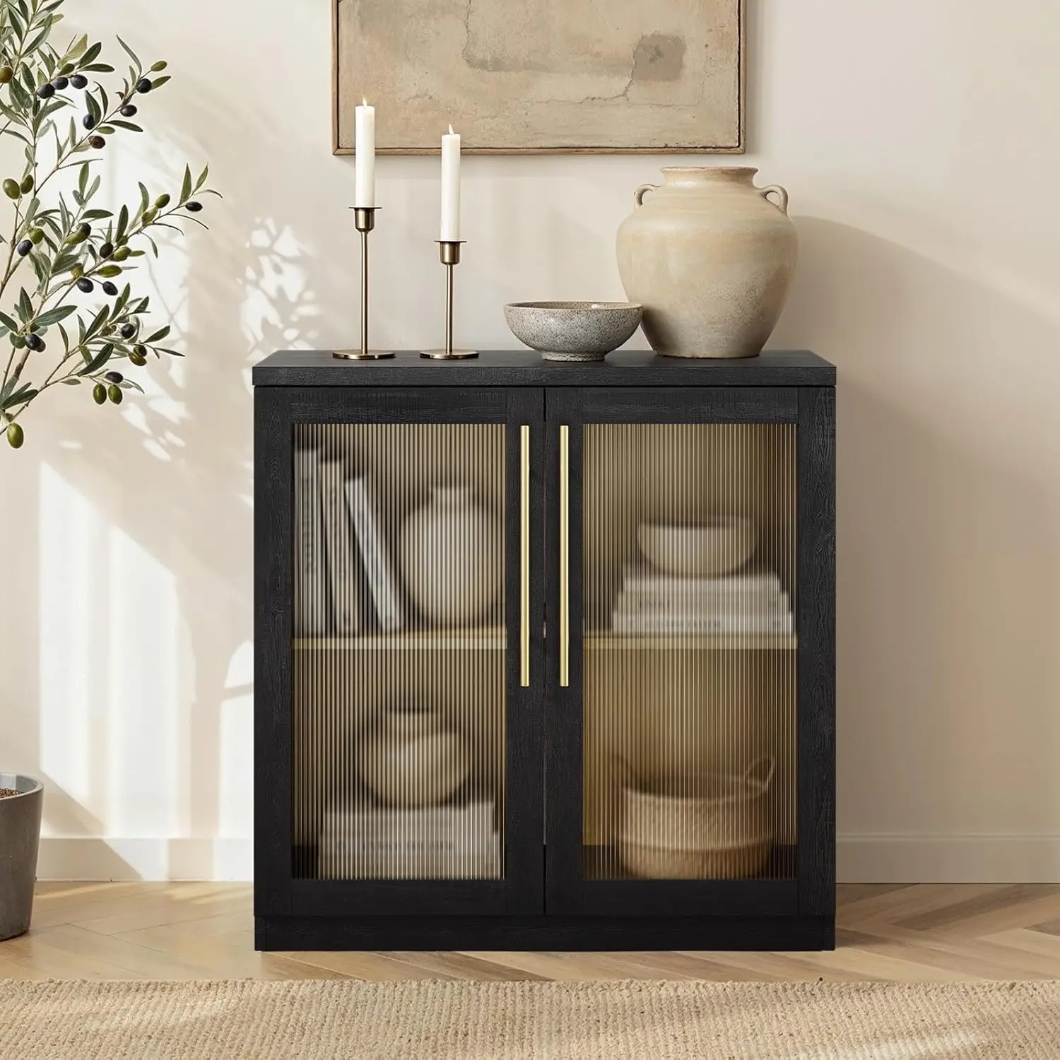 Harmblock Collection Modern Sideboard - Black Wood Grain Sliding Door Buffet Cabinet, Acrylic View Enclosure with Modular Storage, Adjustable Shelf, Soft-Close Hinges, Silent Slides, Easy Floor Mount Setup (Assembly Required) for Living Room, Entryway