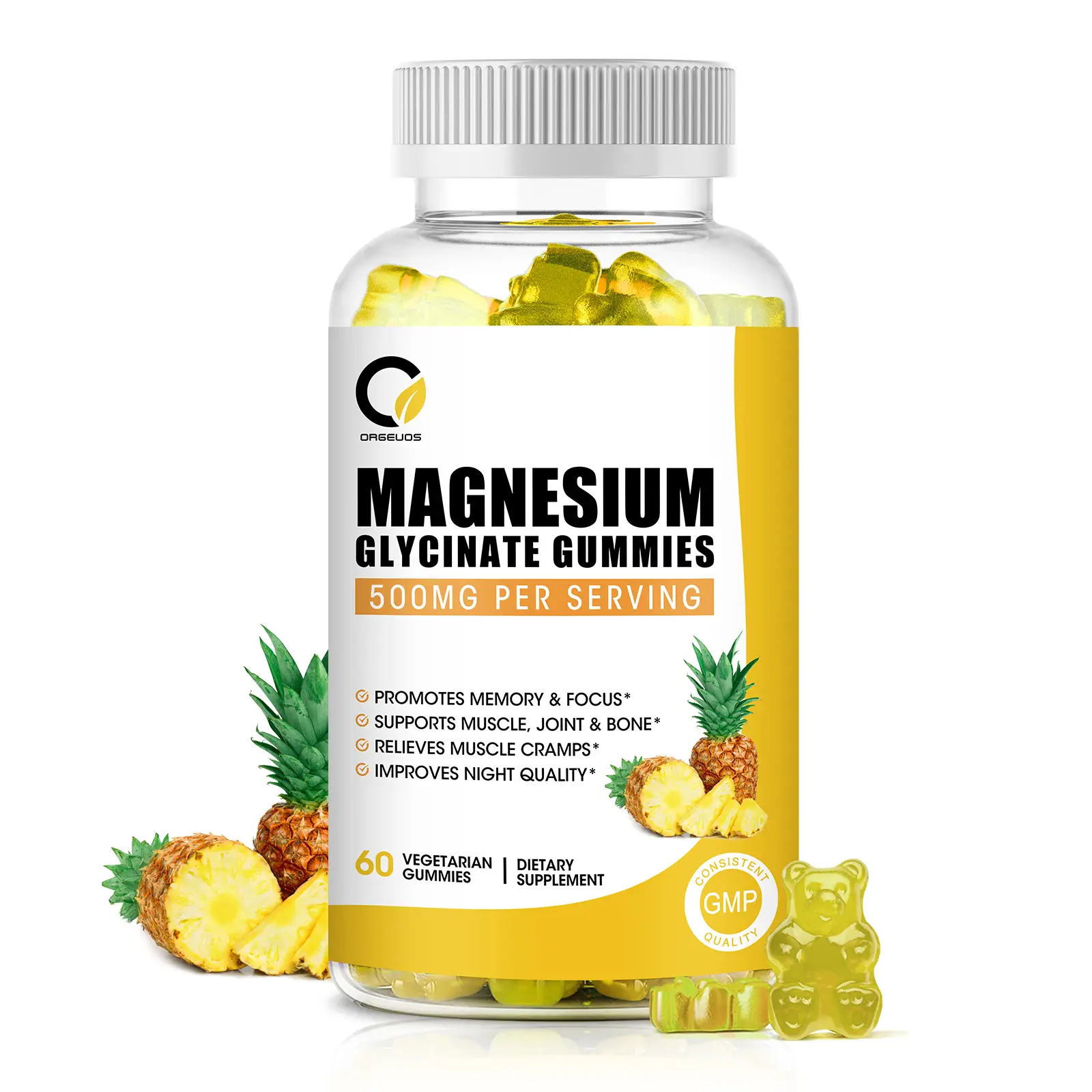 Magnesium Glycinate Gummies - 500mg, High-Absorption Magnesium Supplement with Calcium & Vitamins, 60 Ct, Pineapple Flavor Healthcare Supplement