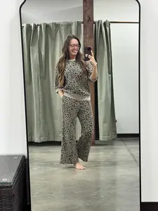 Khaki Leopard Half Sleeve Jumper Wide Leg Pant Set