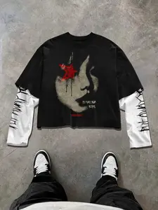 Men's Slim-Fit Long Sleeve T-Shirt, Menswear, Y2K Gothic Style, Star Face Print, Casual Fashion, Streetwear, All Seasons Wear, Perfect Gift Choice