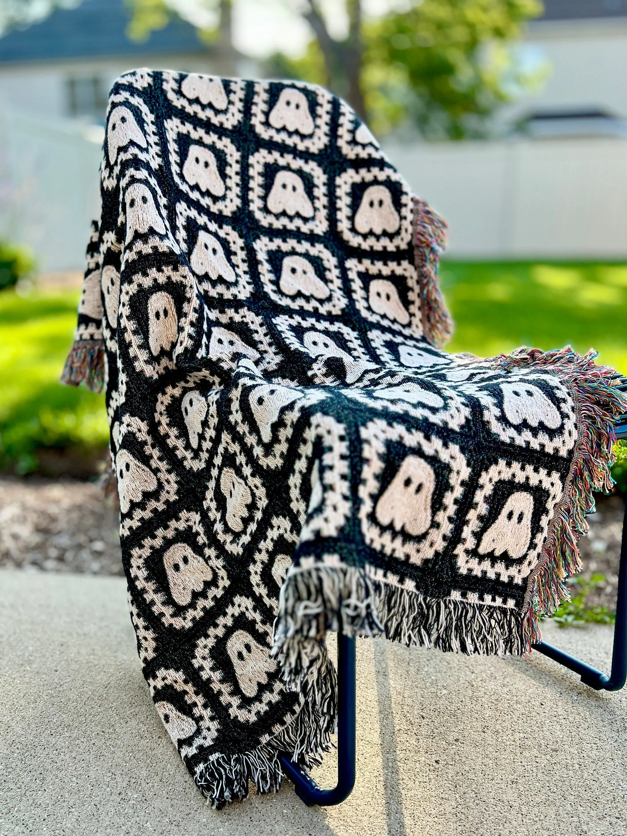 GHOST Granny Square Woven Throw Blanket Halloween Blanket Decor | Made in USA | Cozy Halloween Fall Autumn Dorm College Student Teen SPOOKY