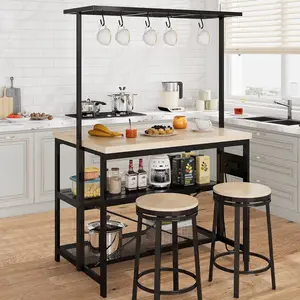 【GARVEE】47" Versatile Kitchen Island with Storage – Durable Wood & Steel Design, Microwave Shelf, 3-Tier Open Shelves, 5 Hooks, Coffee Bar Convertible (47"x28"x72")