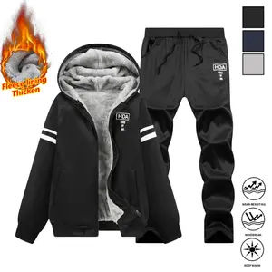Men's Thick Warm Winter Hoodie and Pants Set, Long Sleeve Outdoor Sports Jacket, Casual Zip-Up Hooded Coat with Pockets, Jogger Pants for Fall