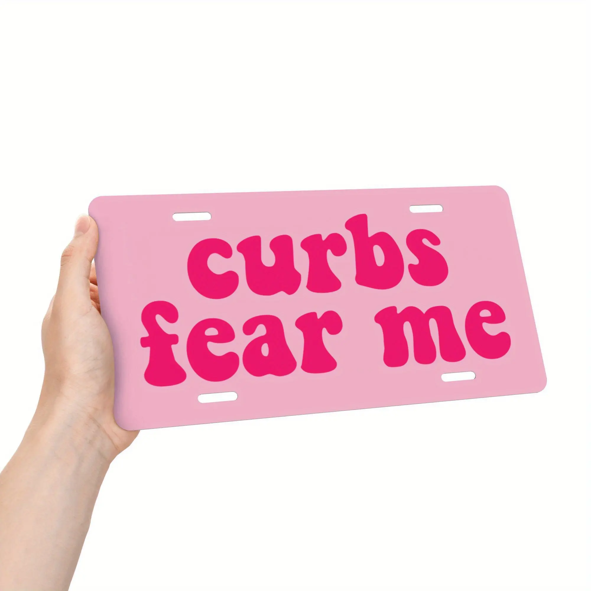 "CURBS FEAR ME" Funny Aluminum Car License Plate - 6x12 Inch Weather-Resistant Humorous Auto Accessory with Light Purple Background & Pink/White Text, Unisex Decoration for American Cars, Vehicle Personalization, Eyecatching Style, Highquality Finish, Hum