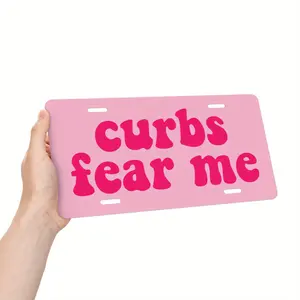 "CURBS FEAR ME" Funny Aluminum Car License Plate - 6x12 Inch Weather-Resistant Humorous Auto Accessory with Light Purple Background & Pink/White Text, Unisex Decoration for American Cars, Vehicle Personalization, Eyecatching Style, Highquality Finish, Hum