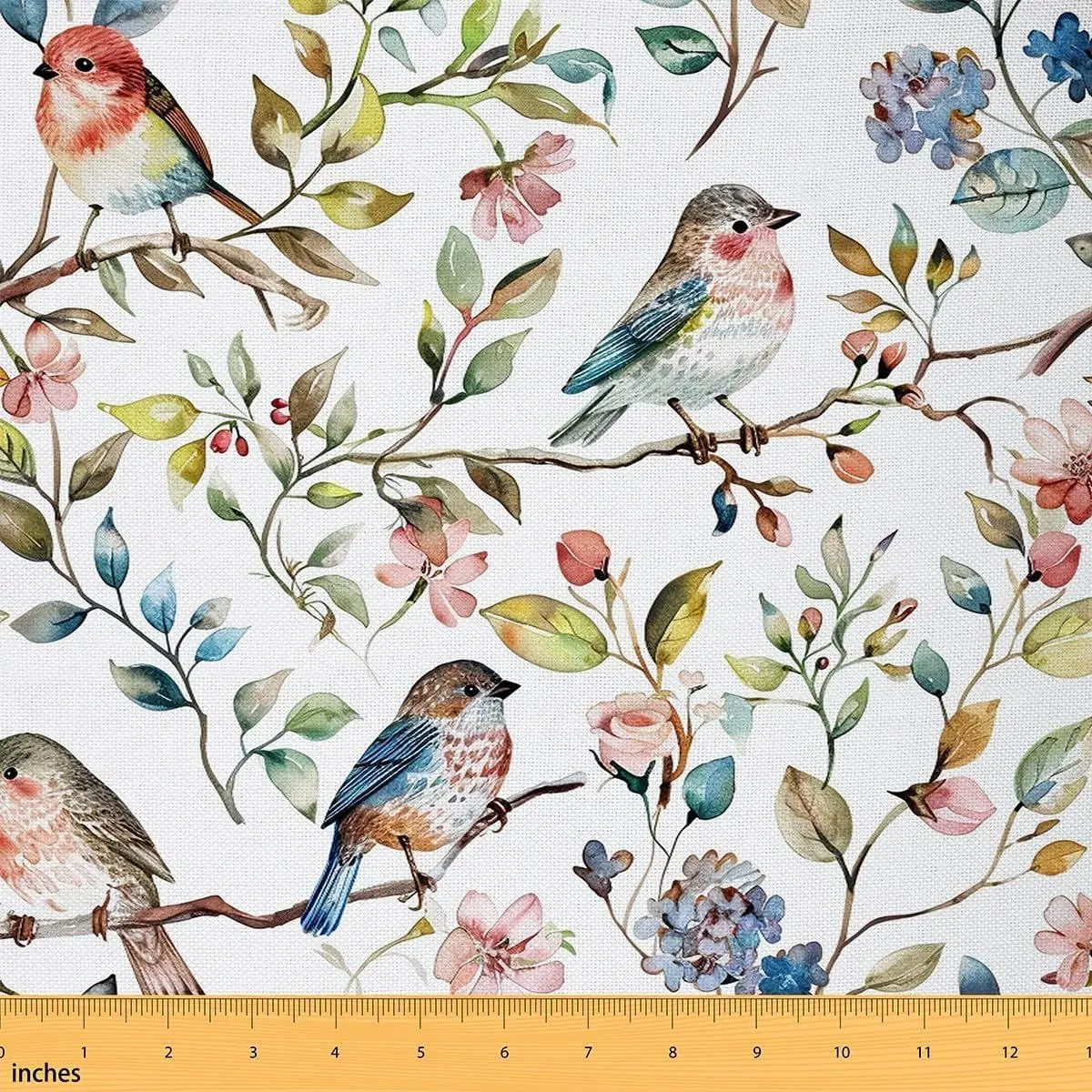 Sparrow Bird Flannel Fabric,Groovy Floral Leaves Upholstery Fabric Chairs Sofa,Cute Rainbow Birds Animal Quilting Sewing,Spring Summer Autumn Plants Branches DIY Art