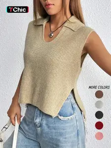 Women's Plain Split Hem Sweater Vest, Casual Fitted Solid Collar Sleeveless Knitwear Top for Summer, Fashion Ladies' Collared Knit Clothing for Everyday Wear, Minimalist Basic Womenswear, Sleeveless Vests