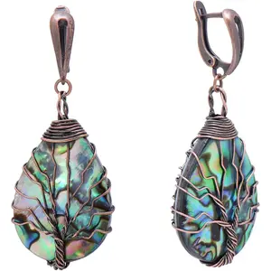 Bronze Copper Wired Sea Abalone Shell Tree of Life Earrings for Women,  Latch Backs