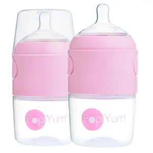 PopYum 5oz Anti-Colic Baby Bottle for Breast and Formula Feeding, 2-Pack, Pink, #1 Slow Flow Nipples