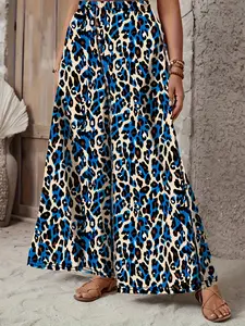 Plus Size Women's Leopard Print Wide Leg Pants High Waist Fitted Slimming, Drapey, Conceals Thighs, Casual Daily Wear