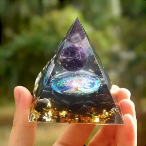 Orgonite Energy Pyramid - Reiki Amethyst Healing Crystals, Chakra Balancing Reiki Tool, Resin Stone, Spiritual Gift for Home tumbled