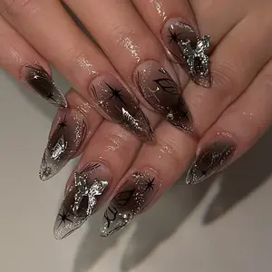 Dazzling Illuminating Iridescent Glitter Fake Nails Dark Butterfly Design Removable Nail Art Set, 24 Pieces Elegant Manicure Accessories for Women