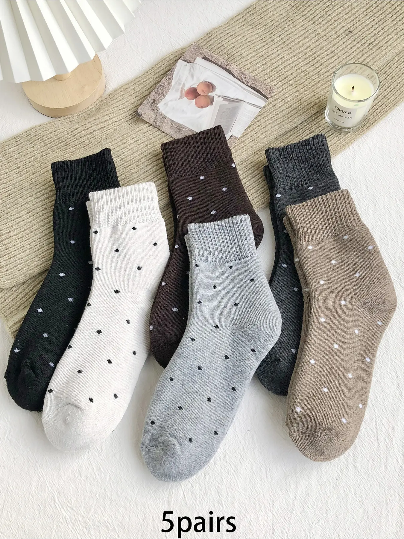 6 pairs Thickened Polka Dot Loop Knit Mid-Calf Socks   Fashionable, Warm, Casual Couple Socks   Ideal for Women's Winter Daily Home Wear Soft Comfy Socks Polyester Knit Socks Knitted Socks