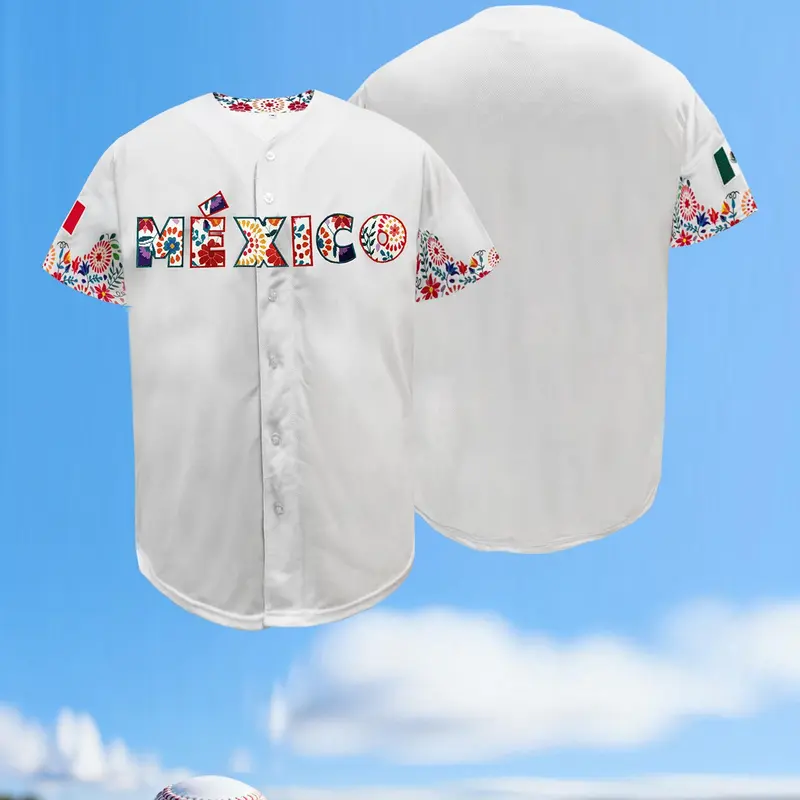 Embroidered Mexico Baseball Jersey for Men and Women, Floral Mexican Flag Design, Breathable Short Sleeve Button-Down Shirt, Unisex Casual Sports Wear for Cinco de Mayo, Mexican Pride, S-3XL, Jersey Shirts, Embroidery Sportswear, Sportswear for Summer