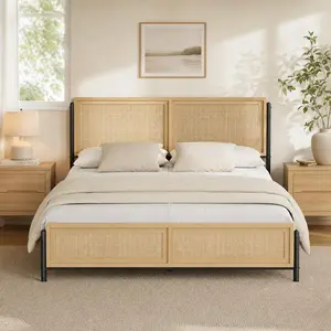 King Size Boho Platform Bed Frame, Natural Rattan Headboard & Footboard, Wooden Frame with Steel Slat Support, Noise-Free & No Box Spring Needed – Easy Assembly