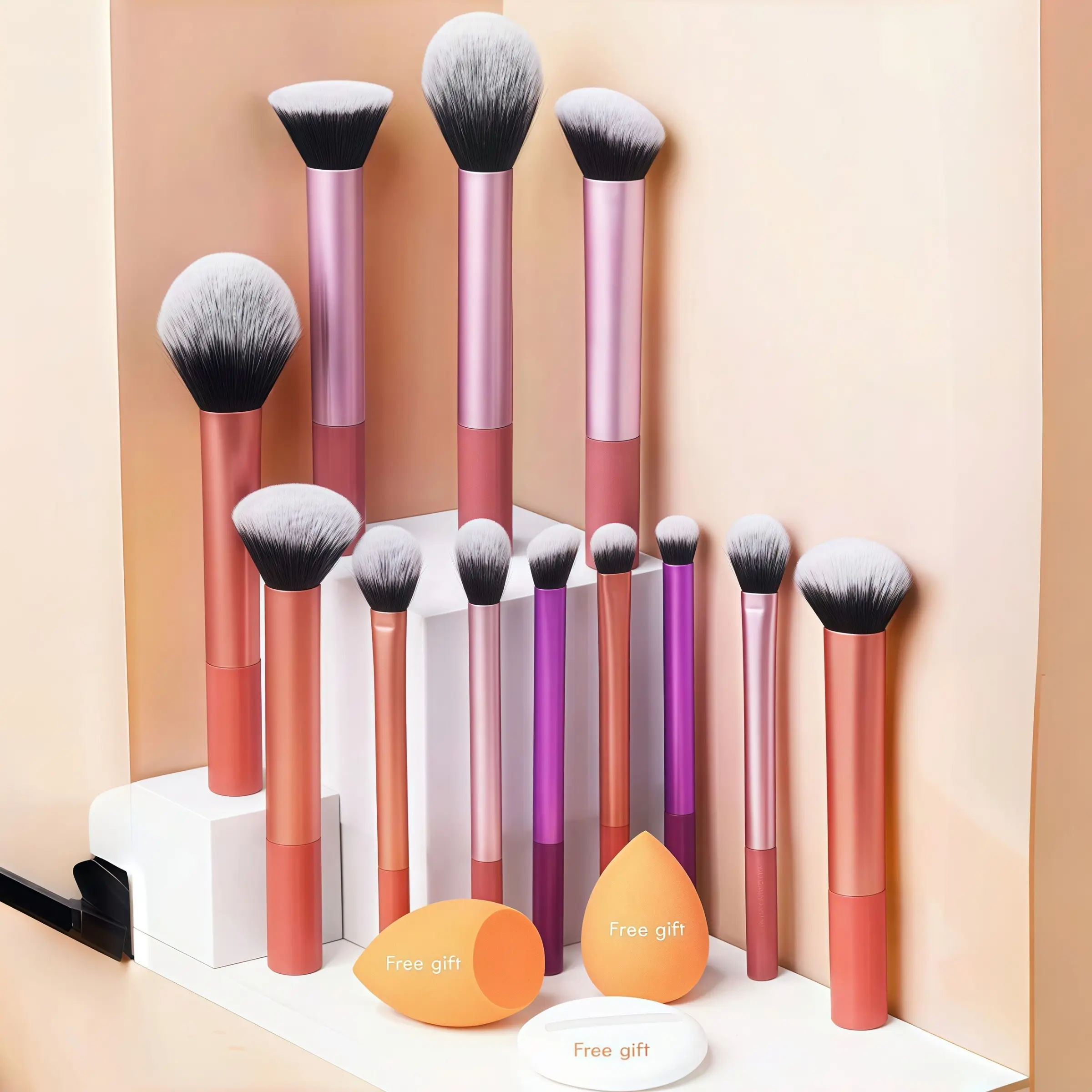 15pcs Multi-Functional Makeup Brush Set with Powder, Blusher, Foundation, Eyeshadow and Contour Brushes, Angled and Round Sponges and Puff, Makeup Tool Set, Multifunctional Makeup Brushes