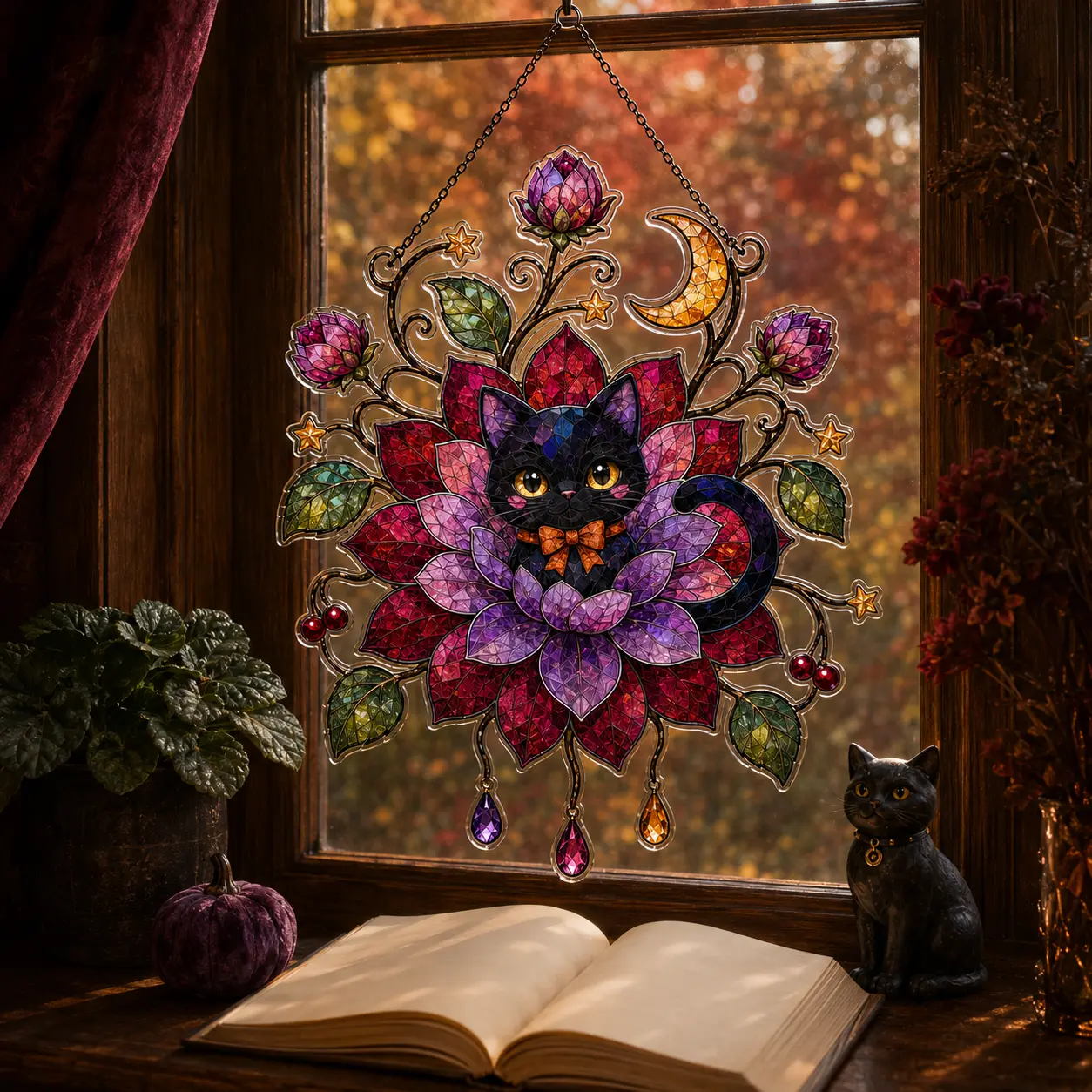Halloween Black Cat Floral Acrylic Suncatcher, Faux Stained Glass Window Hanging, Witchy Moon Fall Home Decor