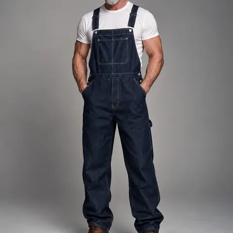 Men's Classic Soft Heavy-Denim Buckle Adjustable Wide Straps Bib Overalls - Vintage Plain Streetwear Jeans, Outdoor Utility Workwear, Reinforced Durable Fabric, Pockets, Tumble Dry, All-Seasons Casual Long Straight Below-Ankle Loose Fit