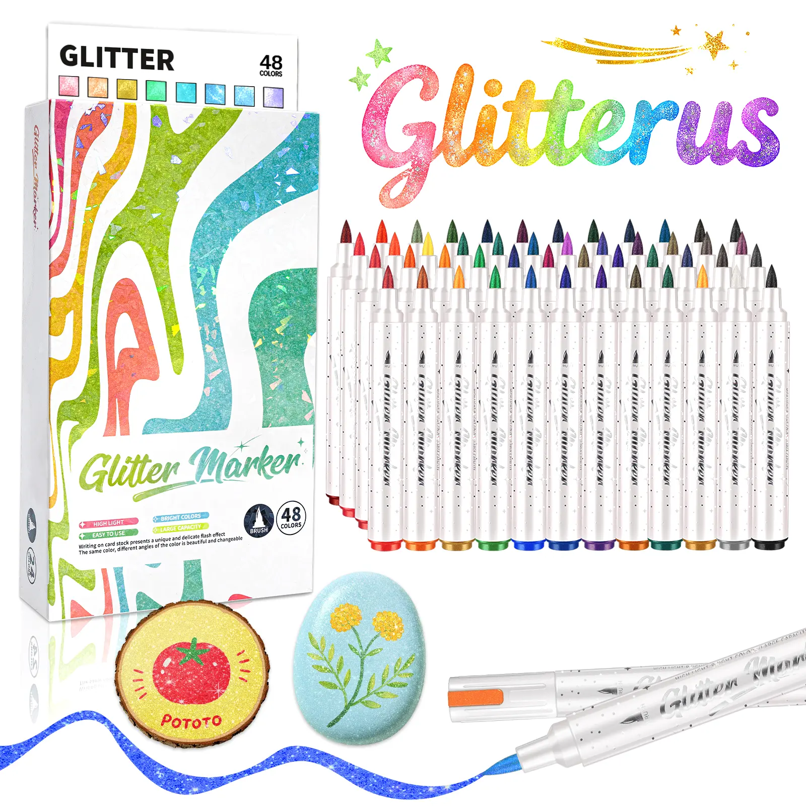 Glitterus Jumbo Bright Glitter Markers & Daubers (12/24/36/48 Packs) - 1mm-8mm Adjustable 3x Extra Large Ink Capacity Fiber Brush Nib, Unisex Adult Art Supplies for Drawing, Labeling, Art for Kids, Office Stationery, Summersale, tiktokshopbacktoschool