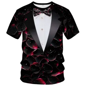 Unisex Black Rose Tuxedo Graphic T - Shirt with Bow Tie & Sparkles, Formal Casual Party Event Attire for Men & Women