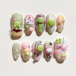 Whimsical Kawaii Smiski Press On Nails, Cute Alien & Dessert Aesthetic, Harajuku Nail Art, Playful Green Nail Set, Kawaii Nail, smiski nails