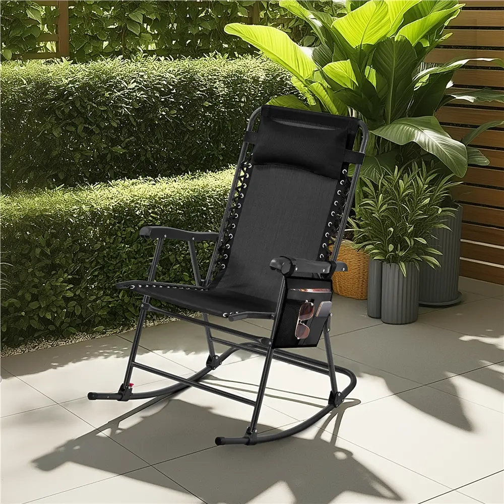 Costoffs Foldable Rocking Lounge Chair, Zero-Gravity Patio Chair with Pillow, for Deck, Poolside & Camping
